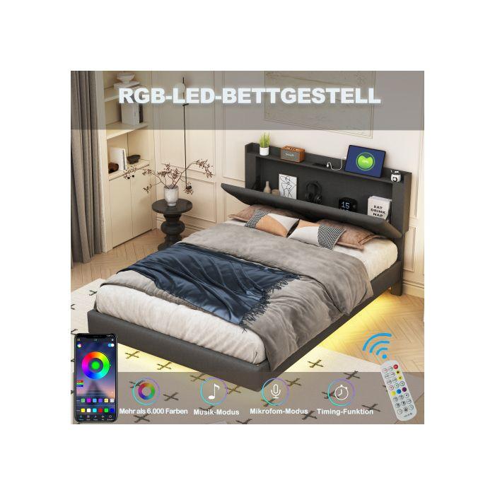 Lit - MUVOE - 140x200 cm - Prise USB - LED multicolore - Tissu doux