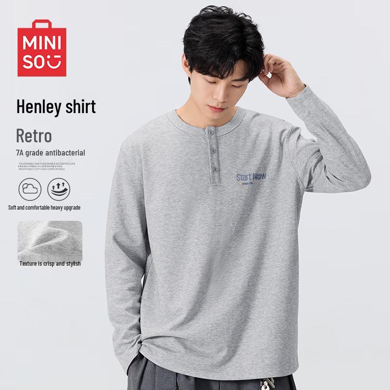 MINISO Men's Antibacterial Loose Fit Long-Sleeve Henley Tee