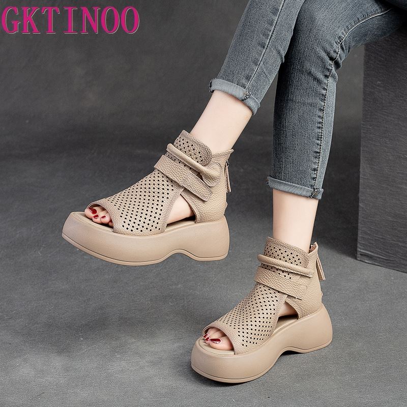 Fashion GKTINOO 2025 Handmade Retro Wedges Heel Sandals Women Open Toe Genuine Leather Platform Hollow Summer Shoes Women Casual Sandals