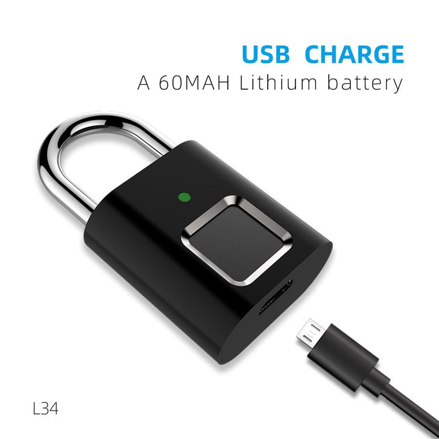 USB Rechargeable Smart Fingerprint Padlock Mini Security For Locker Bag Suitcase
