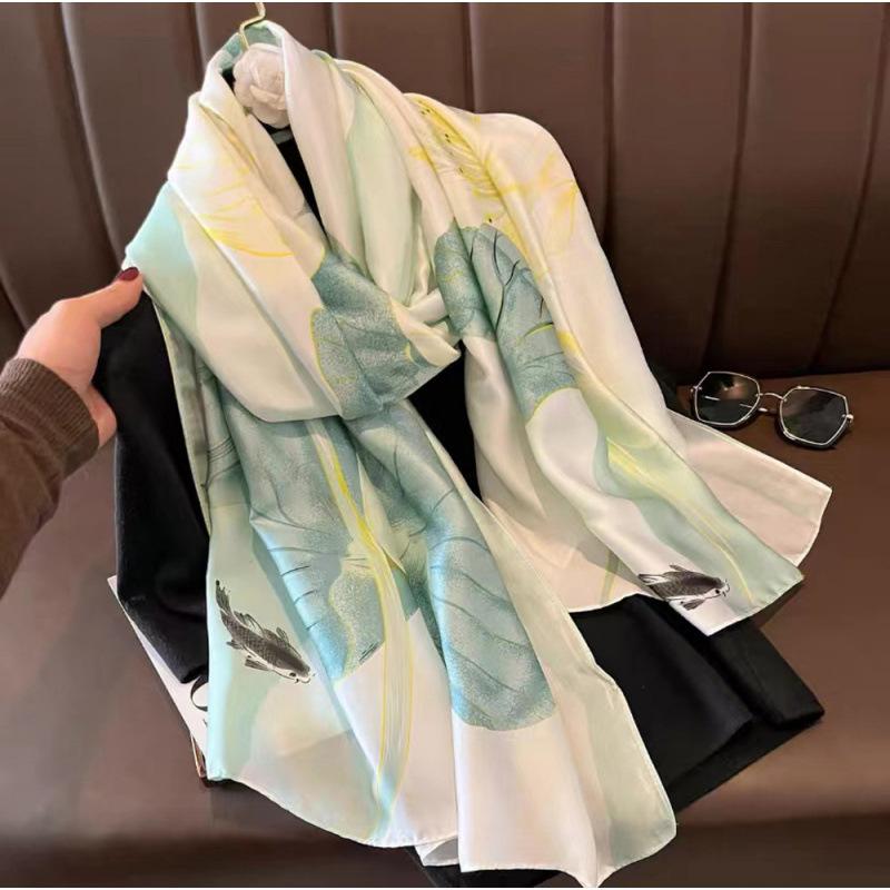 Spring and Summer Thin Silk Scarf High-end Printed Long Scarf New Satin Travel Sunscreen Scarf National Style Cloak