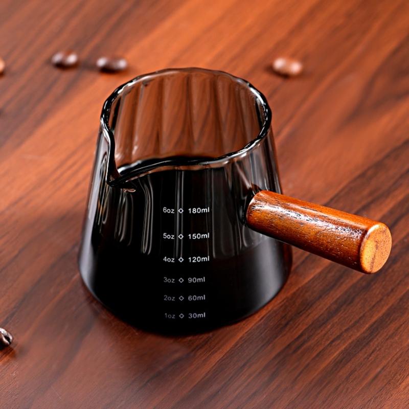 Glass Milk Frothing Cup 180Ml with Wooden Handle Double Measurement Lines and Pour Spout Espresso Shot Glass for Coffee Station Kitchen Tasks