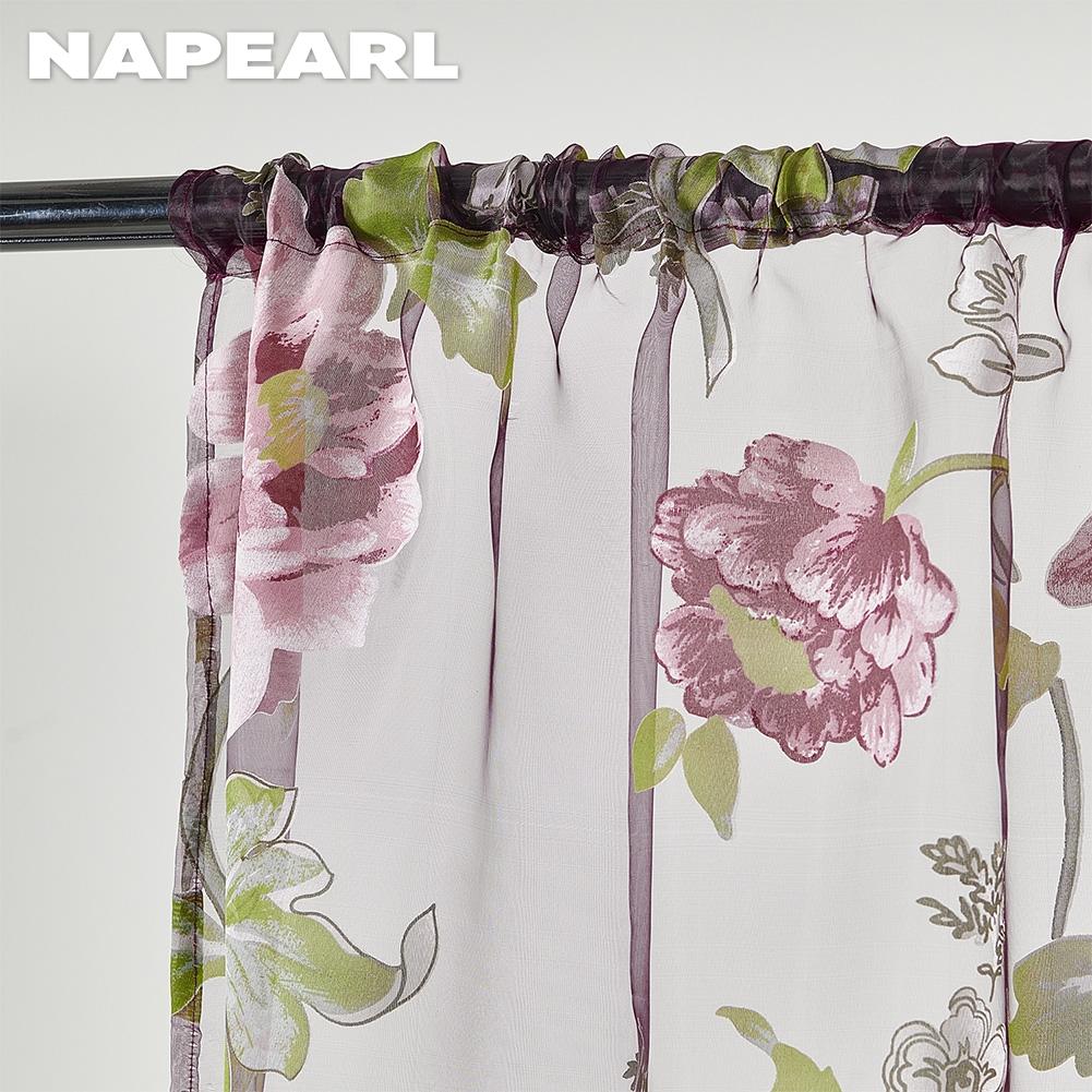 2PC NNAPEARL Modischer und vielseitiger kurzer Gaze-Vorhang mit lila Blumendruck für Küche, Schlafzimmer und Wohnzimmer, Heimdekoration