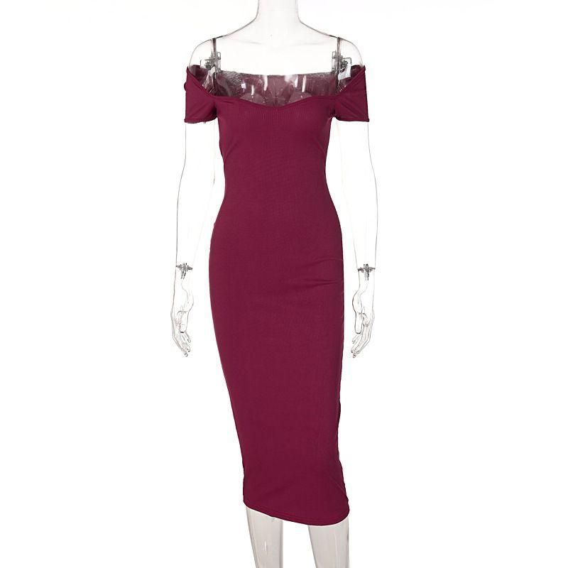 

One-Line Neck Ribbed Long Dress Fashion off-Neck Rib Long Silm Dress Wine red S