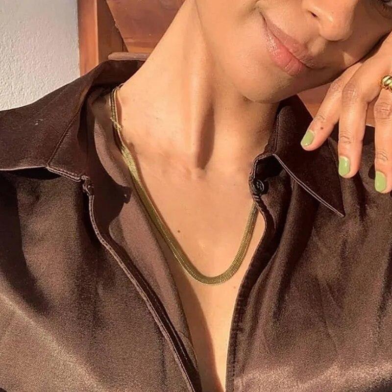 Fashion Vintage Snake Chain Necklace Men Women Unisex Collar Choker Gold Silver Color Flat Snake Chain Necklace Trendy Jewelry