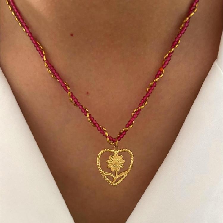 Modern Stainless Steel Necklace with Heart Flower/Grape Charm Crystal Beads Adjustable Closure Neckchain Accessory