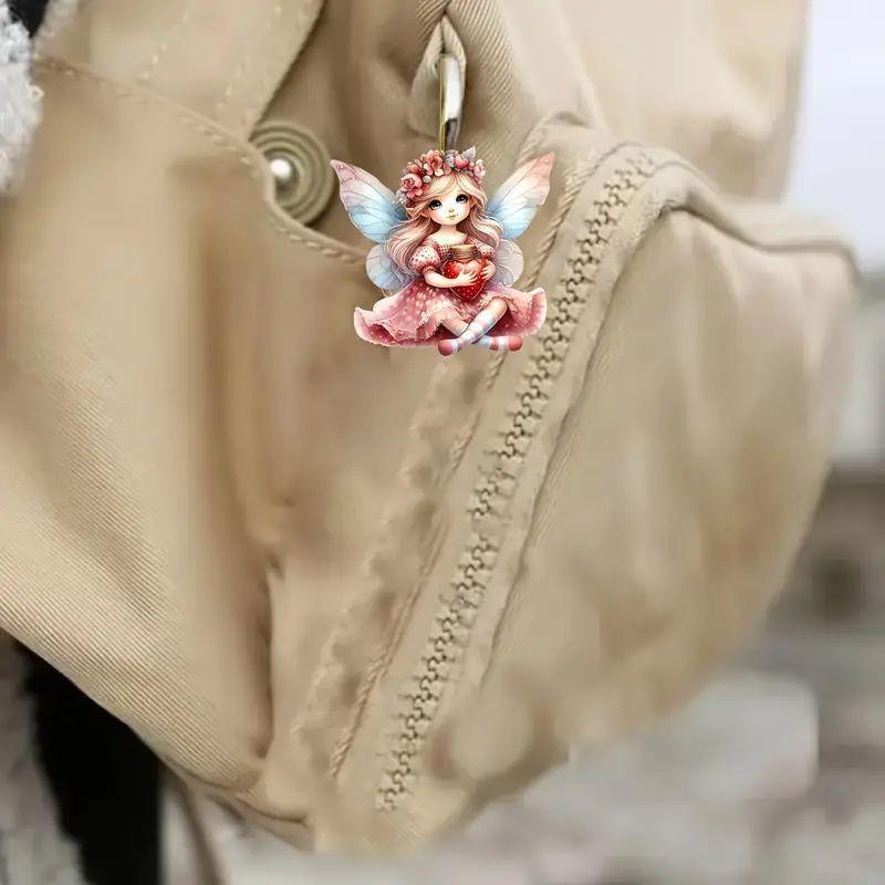 Cute Acrylic Pink Angel Fairy Keychain With Wings For Car Mirror Decoration