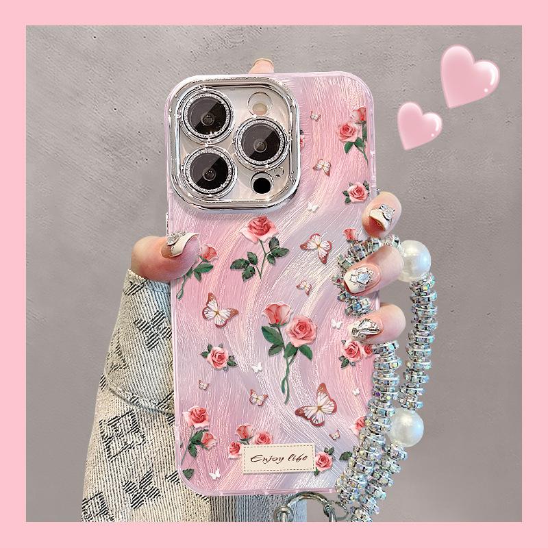 Rose Butterfly Bracelet for IPhone16promax Apple 15 Feather Yarn Mobile Phone Case 14 Lens Film 13 Full Package
