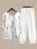1116 New Women's Clothing Casual Crew Neck Five-Sleeve Top Digital Printing Women's Two-piece Set