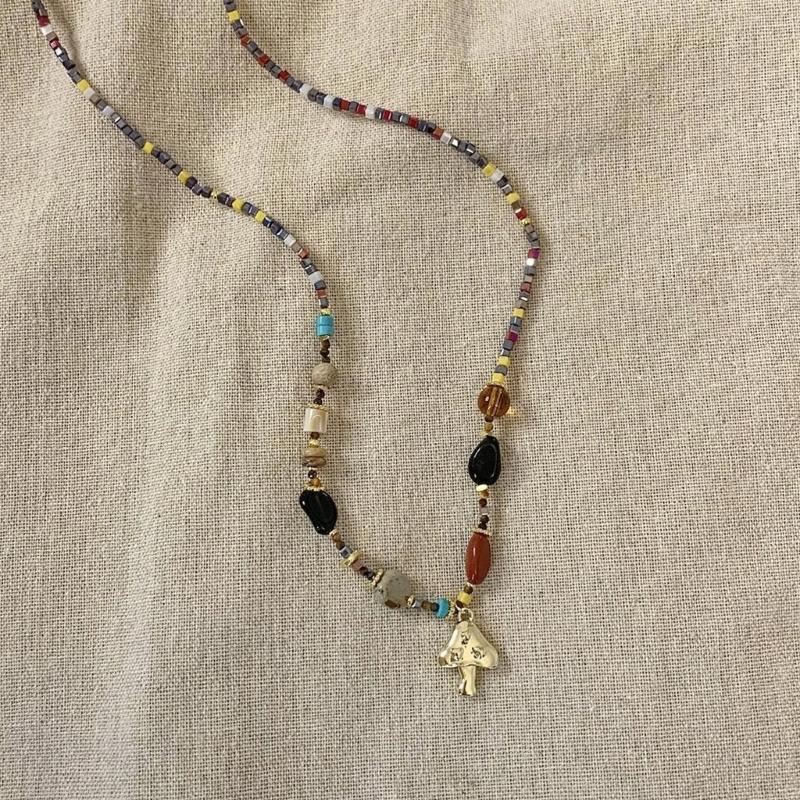 French Vintage Natural Stone Beaded Necklace Unique Sunrises Mushroom Pendant Handmade Winter Jewelry For Women Gift