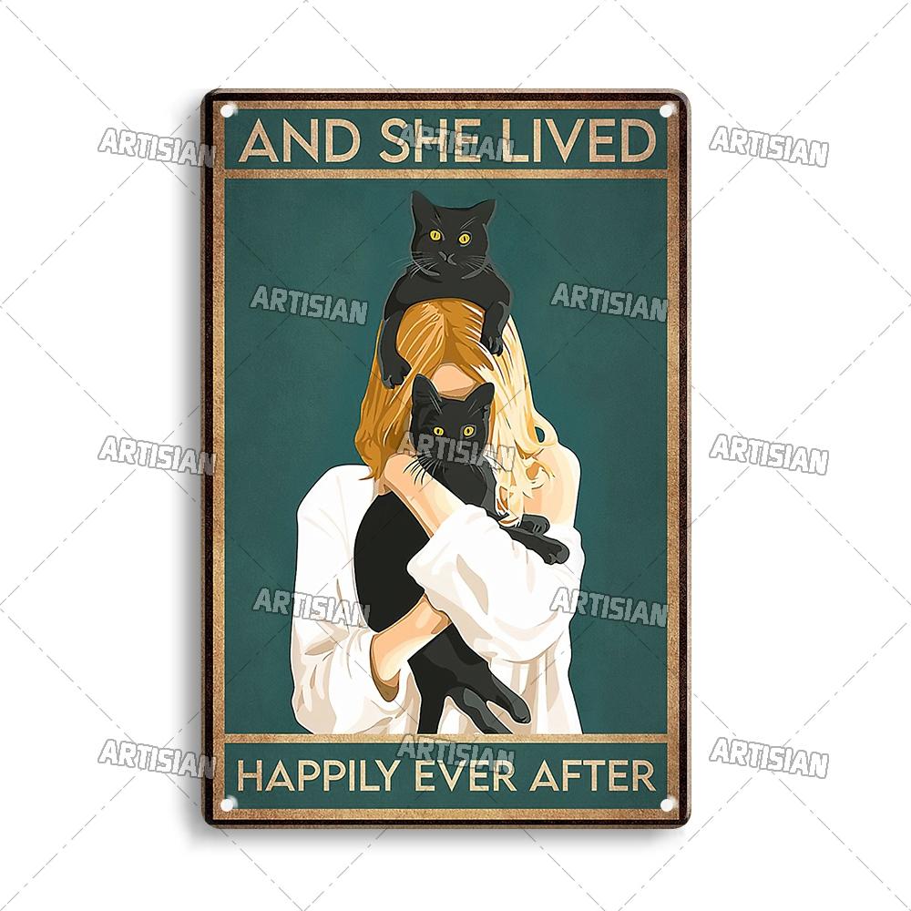 Artisian Halloween Metal Plaque Girl And Cat Tin Sign Black Cat Decorative Plate Wall Decor Garage Bar Pub Club Hotel Kitchen