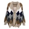 Women's Autumn Winter Diamond V-Neck Mid-Length Loose Cardigan Sweater