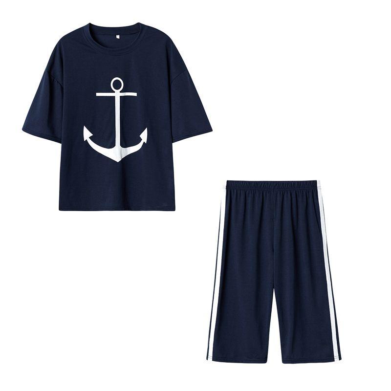 

Crew Neck Student Two-Piece Suit Printed Short Sleeve T-shirt Dark Blue L