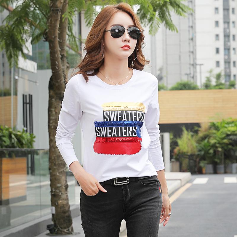 

Черная футболка с длинным рукавом, женская летняя одежда, новая базовая футболка, свободный топ с пайетками, трендовый M