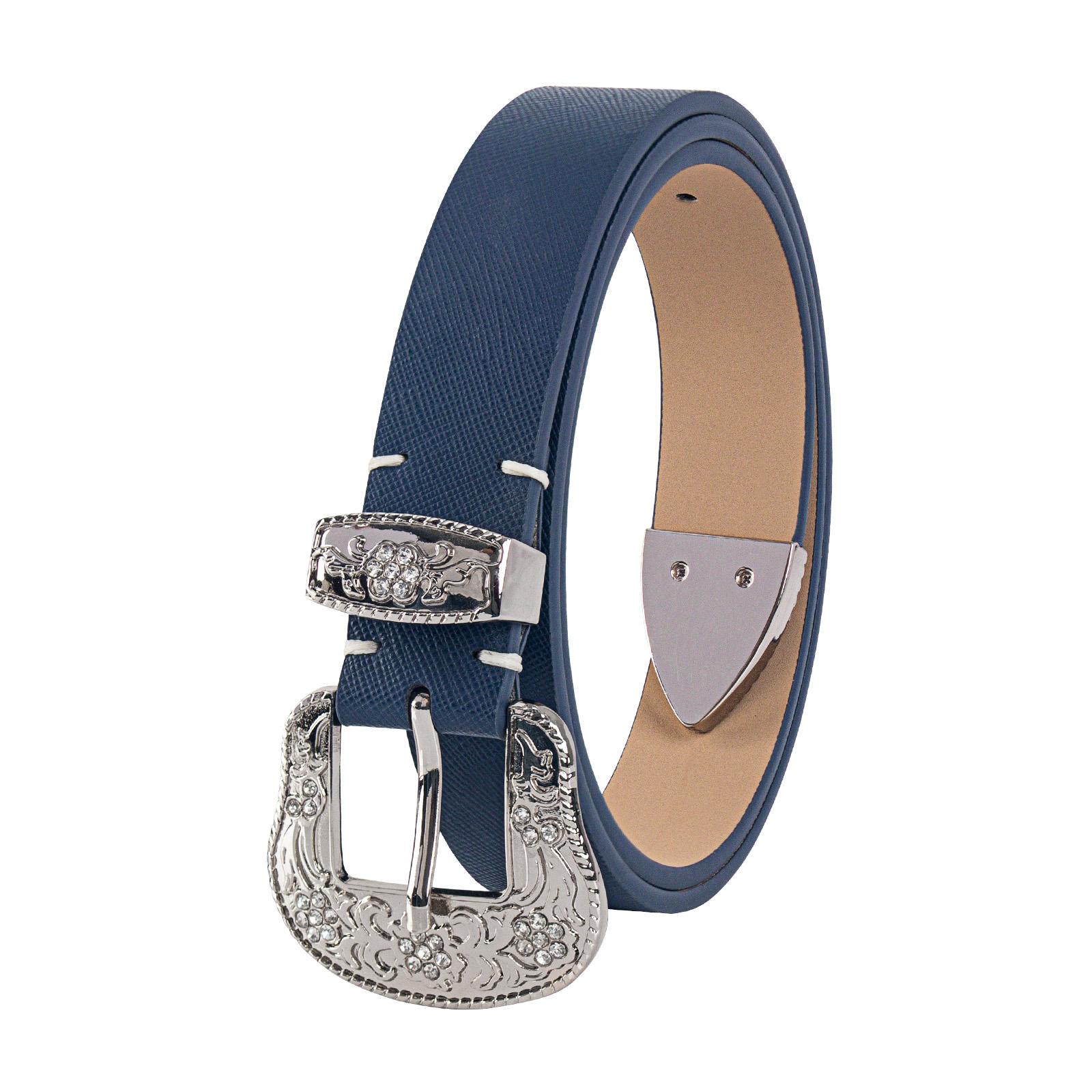 New Western Leather Belt, Engraved Floral Rhinestone Silver Buckle Wide Waist Belt, Country Cowboy or Women Jeans Dresses темно-синий