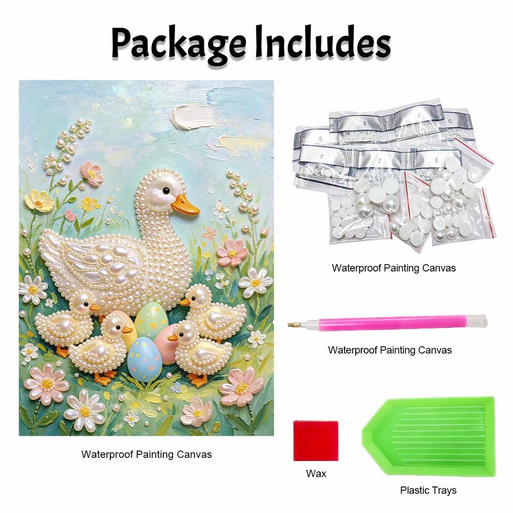 DIY Frameless Pearl Painting Kit Duck Family Eggs 3D Shiny Bead Art Canvas Relaxing Creative Craft for Home Wall Decor Gift