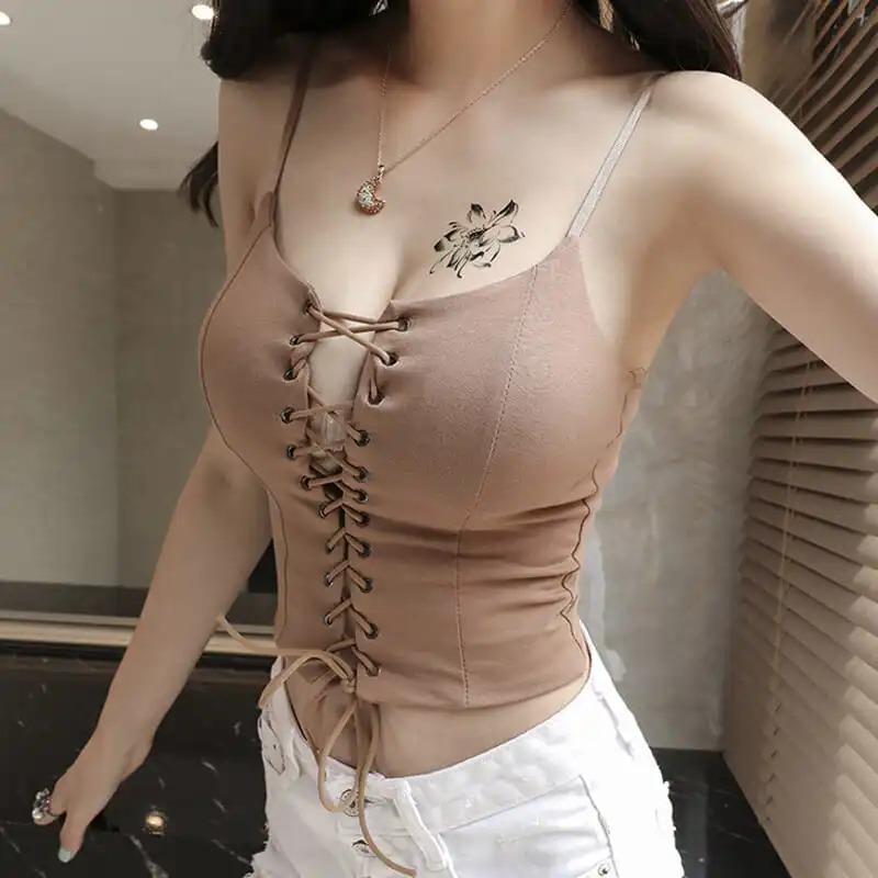 

Sexy Lace-up Hollow Low-cut Backless Camisole Slim-fitting Short Navel-baring Top L хакі
