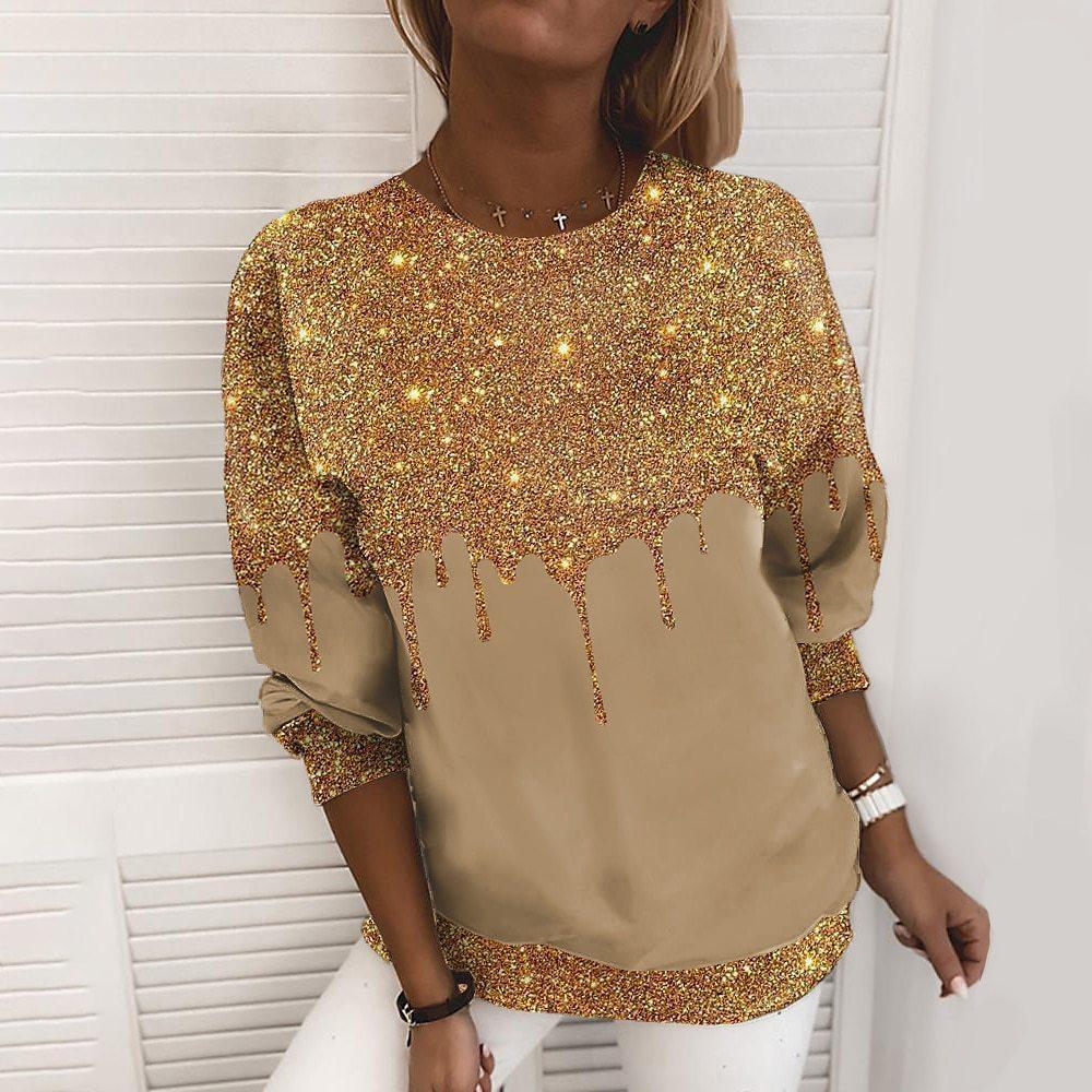 

Круглый вырез 3D сверкающий принтованный топ модные повседневные длинные рукава женские футболки L