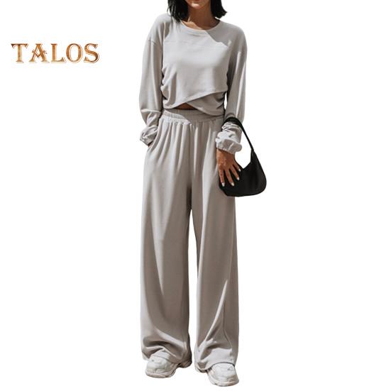 2 stk/sett Dame Topp Buksesett Rund Hals Langermet Uregelmessig Krysskant Genser Ensfarget Elastisk Høy midje Vide ben Bukser Sport Fitness