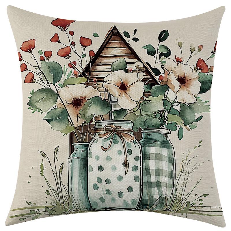 New Spring Car Plant and Flower Linen Pillowcase, Car Sofa Lumbar Pillow Cushion