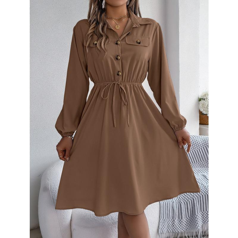 Autumn and Winter Casual Button Lace Waist Long-sleeved Shirt Skirt, Elegant Temperament Ladies Long-sleeved Dress Commuter All-match
