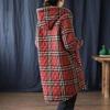 Women Plus Size Warm Thickened Hooded Plaid Coat Medium Length Jacket Cotton Winter