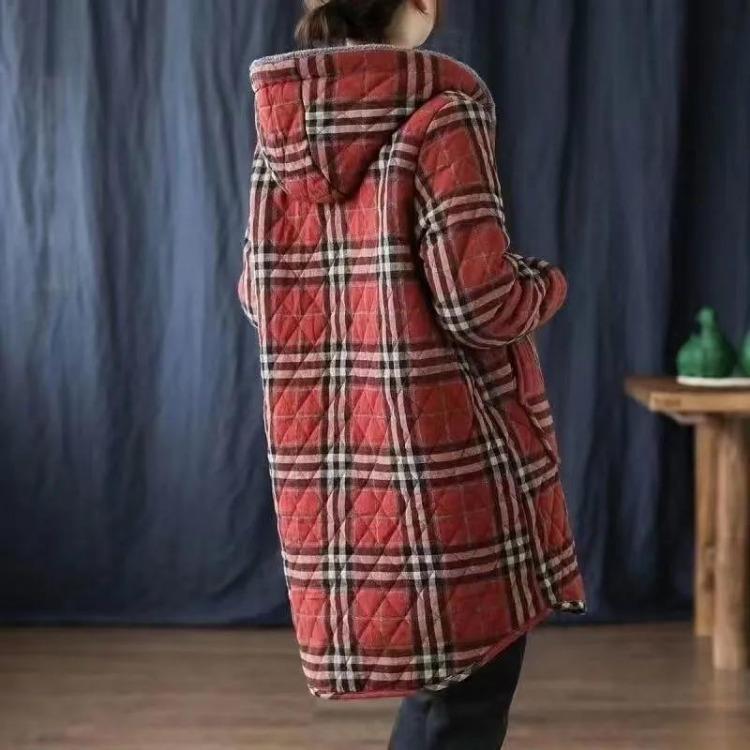 Women Plus Size Warm Thickened Hooded Plaid Coat Medium Length Jacket Cotton Winter