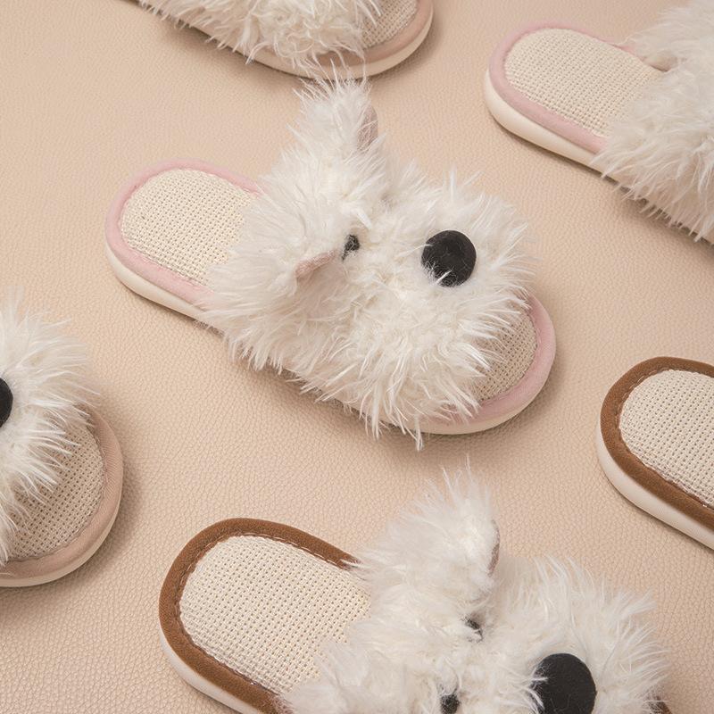Open Puppy Cotton and Linen Slippers Cartoon Contrasting Colors Fluffy Breathable Cute Cotton Slippers