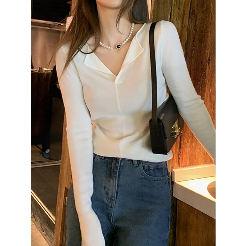 

Женский трикотажный свитер премиум-класса с V-образным вырезом из мягкой восковой шерсти, тонкая облегающая базовая рубашка для весны и осени, топ с темпераментом на плечах M абрикосовый