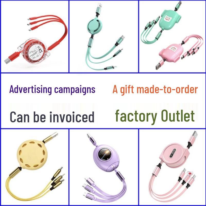 Logo-Printed Retractable 3-in-1 Charging Cable for Apple, Android, Type-C