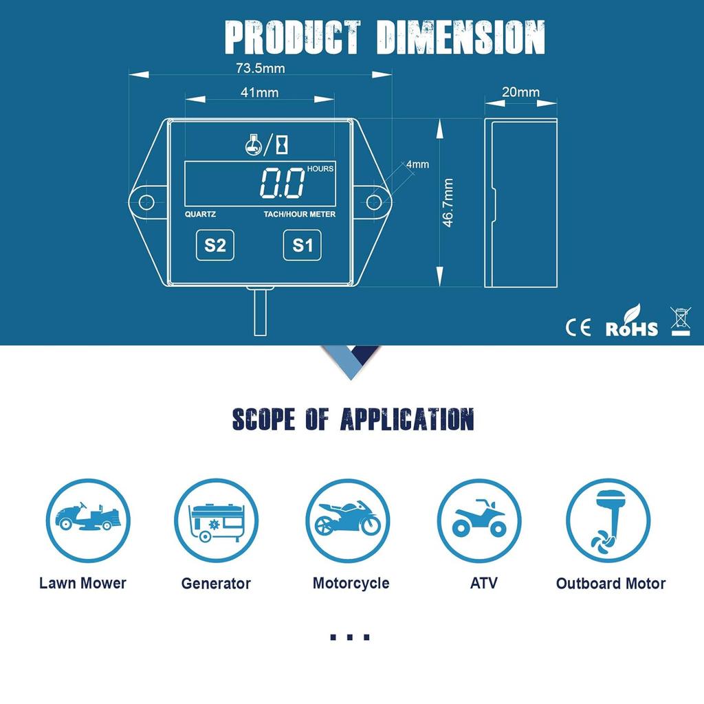 Runleader Digital Hour Meter Tachometer, Maintenance Reminder, Battery Replaceable, Automatically shutdown, Use for ZTR Lawn Mower Tractor Generator