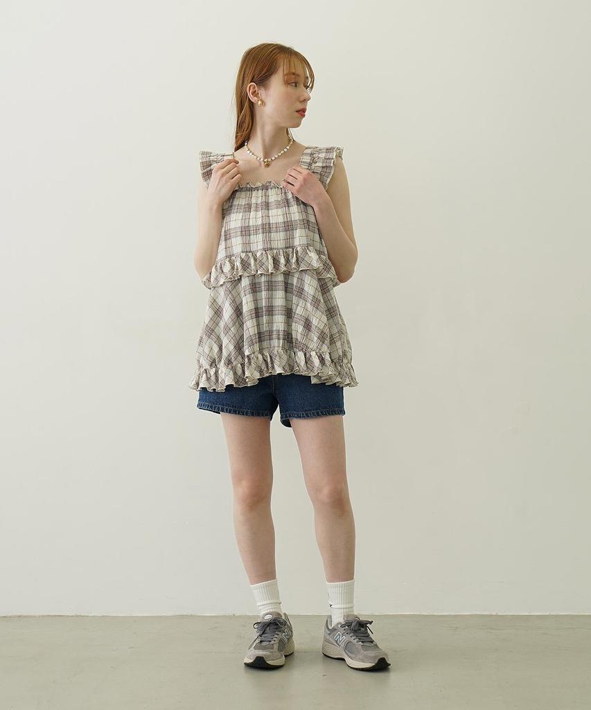 Milkfed Casual Plaid Tiered Off White Women's Top,