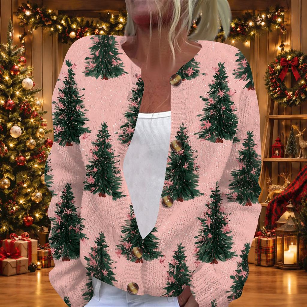 Women's Christmas Print Long Sleeve Knit Cardigan Button Front Sweater