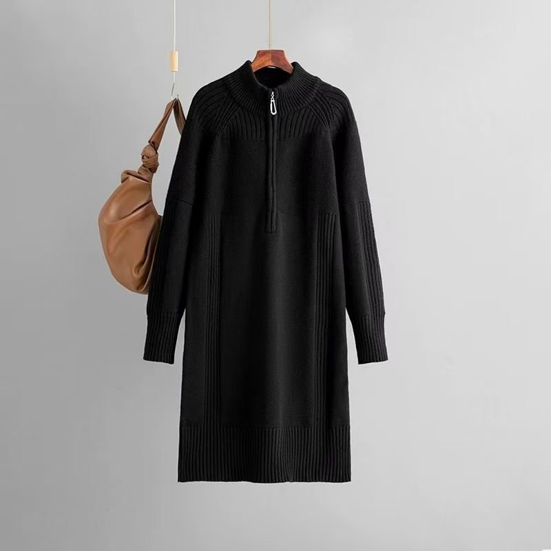 

Fashion Wind New Arrival Fashion Loose Half Zipper Knitting Dress Sweater Zipper Knitted Dress Black One size