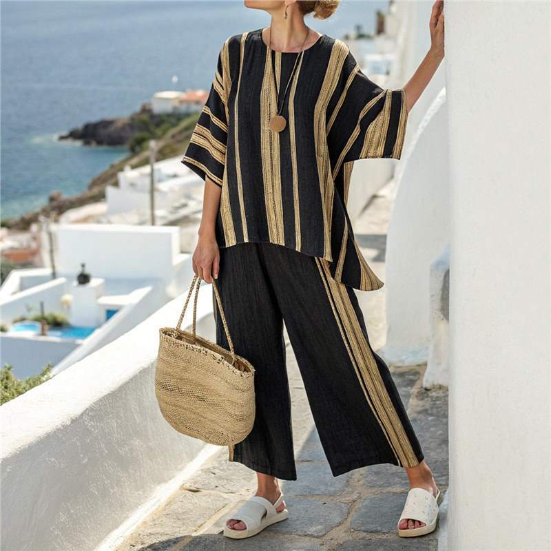 Y1 Short Sleeve Shirt Set Fashion Digital Printing Women's Loose Crew Neck Top High Waist Pants Two-piece Set