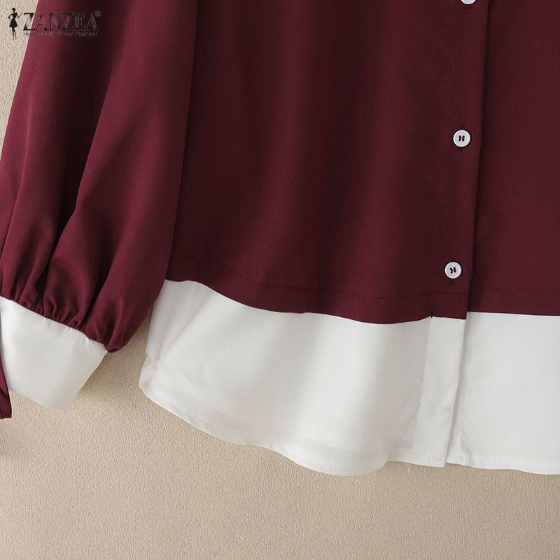 ZANZEA Women Casual Turn Down Collar Long Sleeve Loose Patchwork Blouse