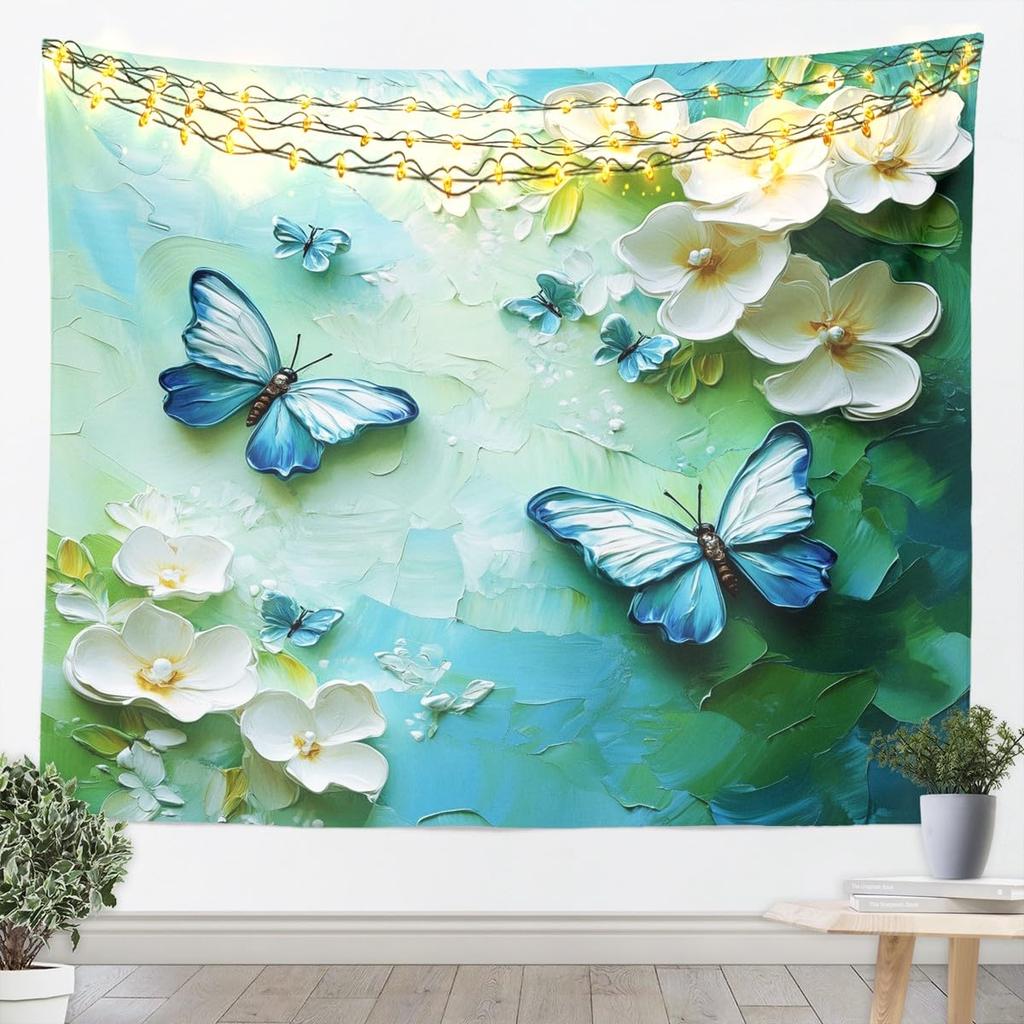Butterfly Tapestry Glitter Diamonds Print Wall Art Luxury Elegant Blue Wall Hanging Blanket for Living Room Bedroom Home Decor
