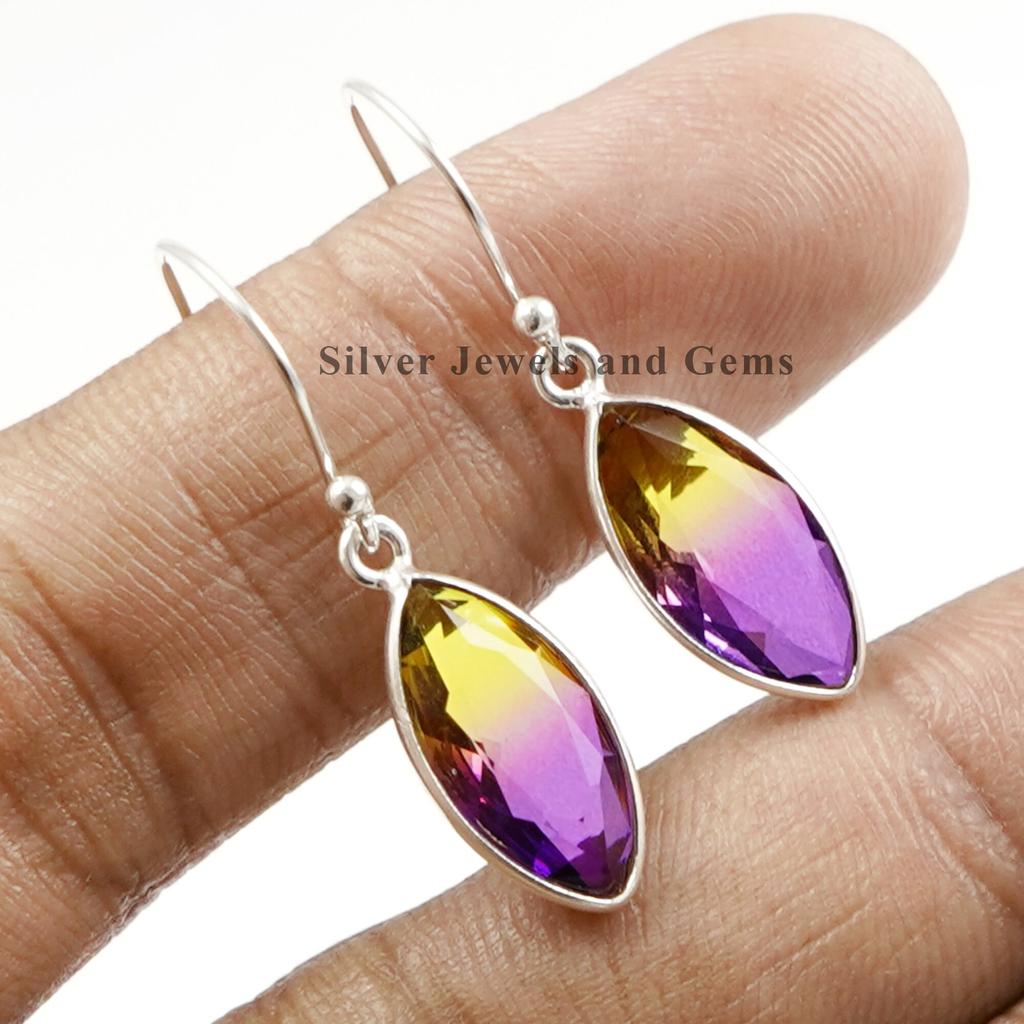 Marquise Ametrine Quartz Bezel Earrings: Handmade 925 Sterling Silver