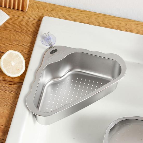 Spülbecken-Abtropfkorb mit Saugnapfbefestigung Sieb Edelstahl Dreieckiges Eckdesign Lebensmittelsieb für die Küche