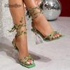 Sandálias Quadradas com Tiras Cruzadas de Videira Verde para Mulheres Salto Alto Boêmia Inspiradas na Natureza Sapatos de Festa Saltos da Moda para Senhoras