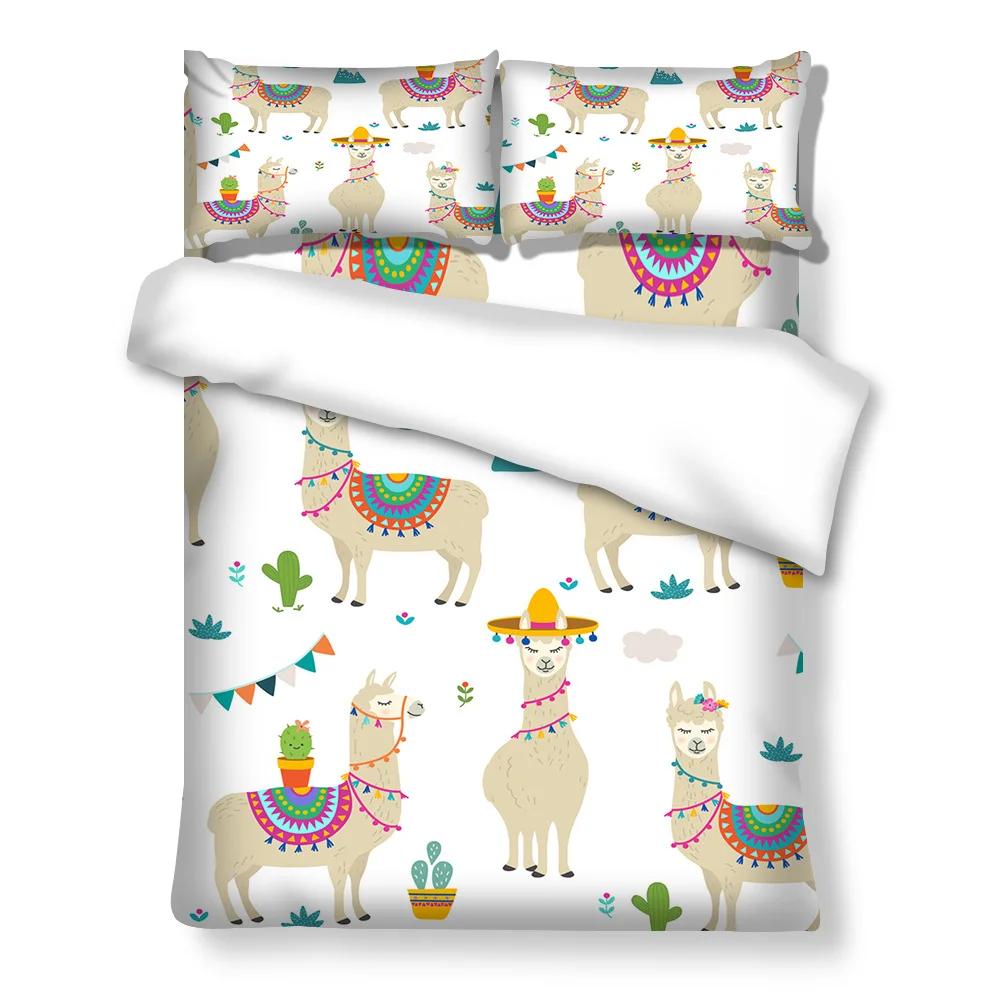 Cartoon Alpaca Duvet Cover King Queen Size Lovely White Animal Bedding Set for Kids Tropical Cactus 2/3pcs Polyester Quilt Cover