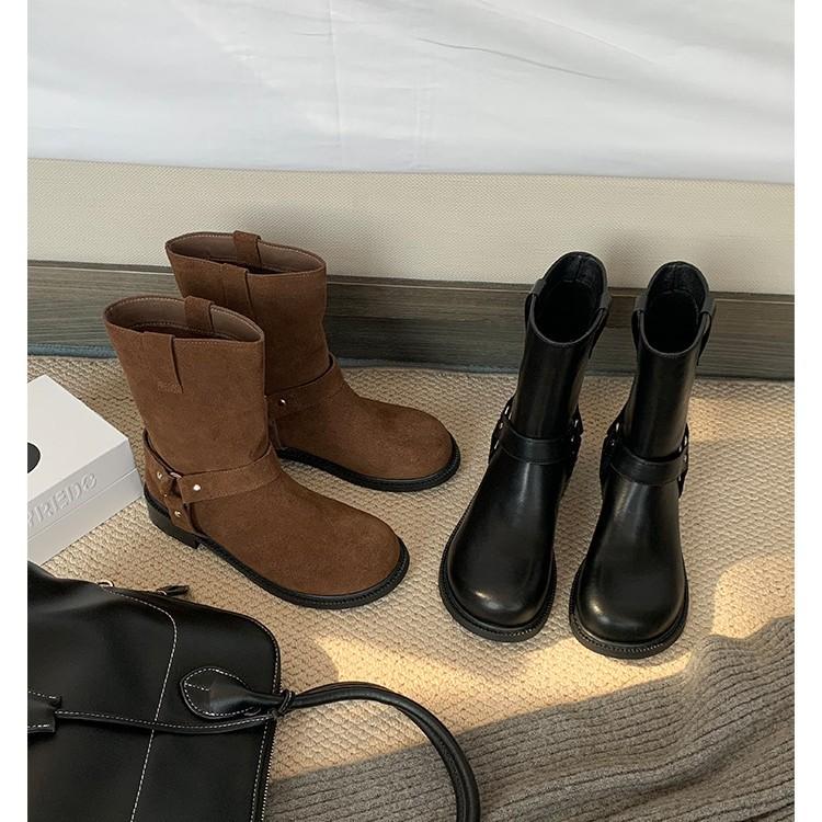 Grape Mother Internet Celebrity with the Same Style, Zurich Autumn~ Versatile Round Head Metal Buckle Retro Low Heel Western Short Boots Women