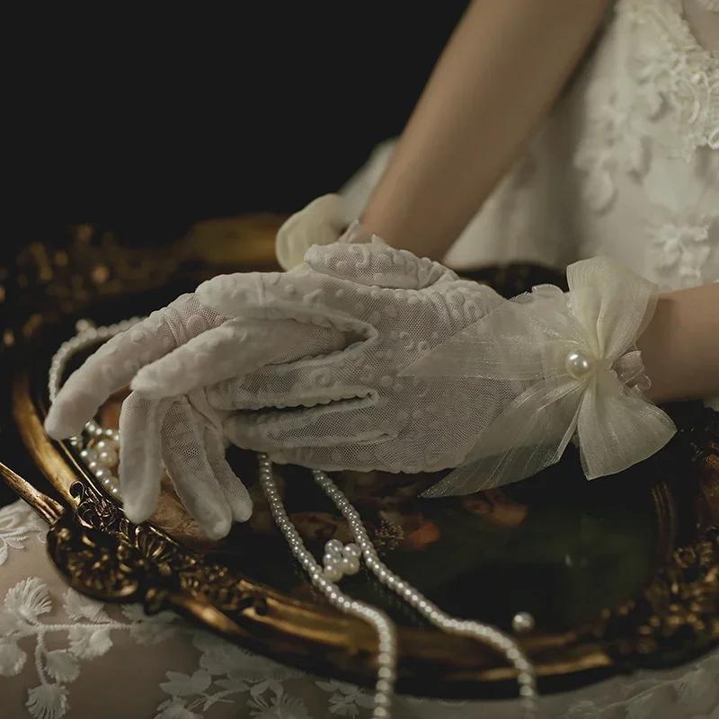 Women Wedding Bridal Short Gloves Net Full Finger See Through Beaded Bow Wrist Length Costume Prom Party Gloves