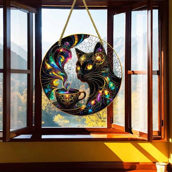 Stylish Cat Hanging Sign Moon Halloween Window Decor, Mystical Black Round Modern Room Decor for Indoor Outdoor Wall Art, Gothic Home Porch