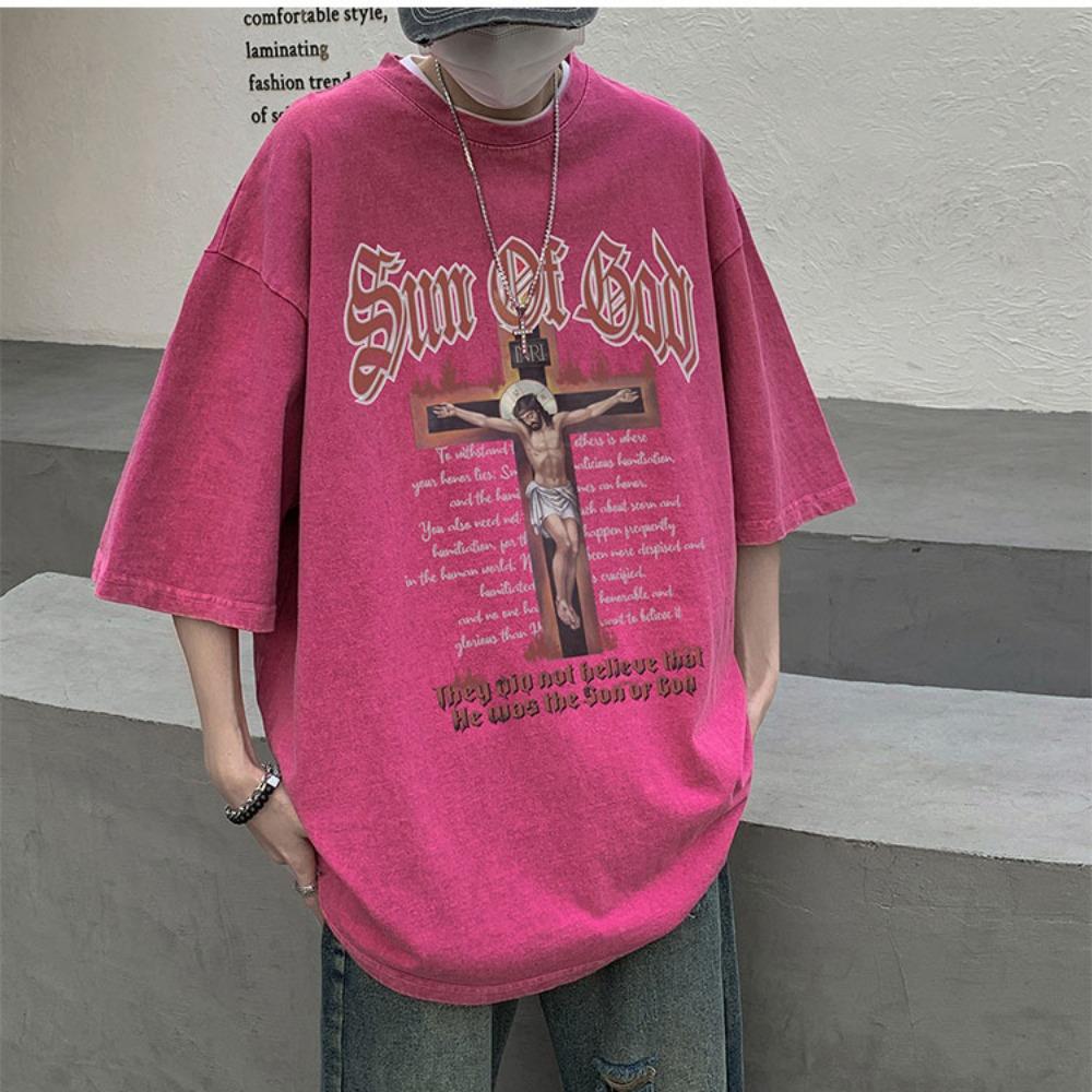 100 % bomull Acid Washed Vintage Kortärmad T-shirt Framtryck Streetwear HipHop Harajuku Oversized T-shirts