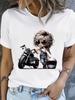 Motorcycle Womens Round Neck Short Sleeve T Shirt with Elastic Half Sleeves and Trendy Prints