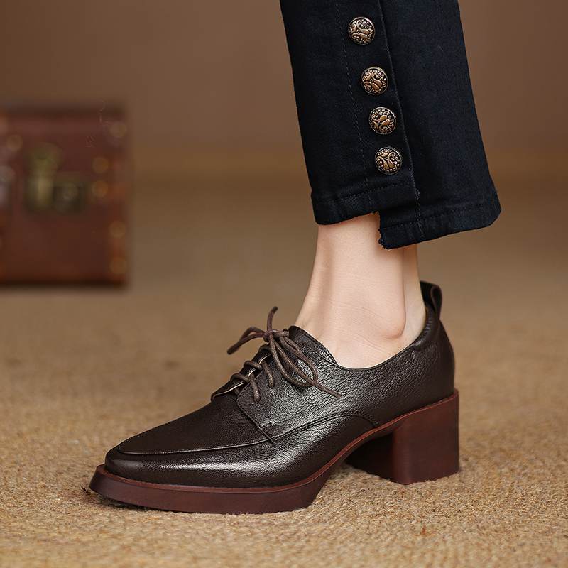 Krazing Pot Sheepskin Autumn Winter Shoes Chunky Heels Size 43 Size 42 Round Toe Lace Up Deep Mouth Retro Fashion Pumps