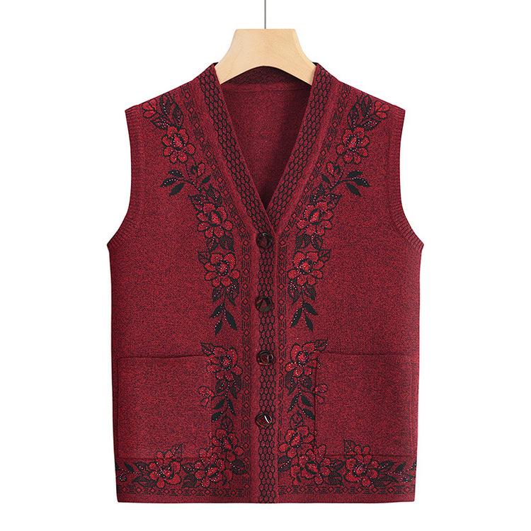 Middle-aged and Elderly Women's Spring Knitted Sweater Vest Horse Clip Mother's Cardigan Sweater Grandma Vest Vest Spring and Autumn Clothing
