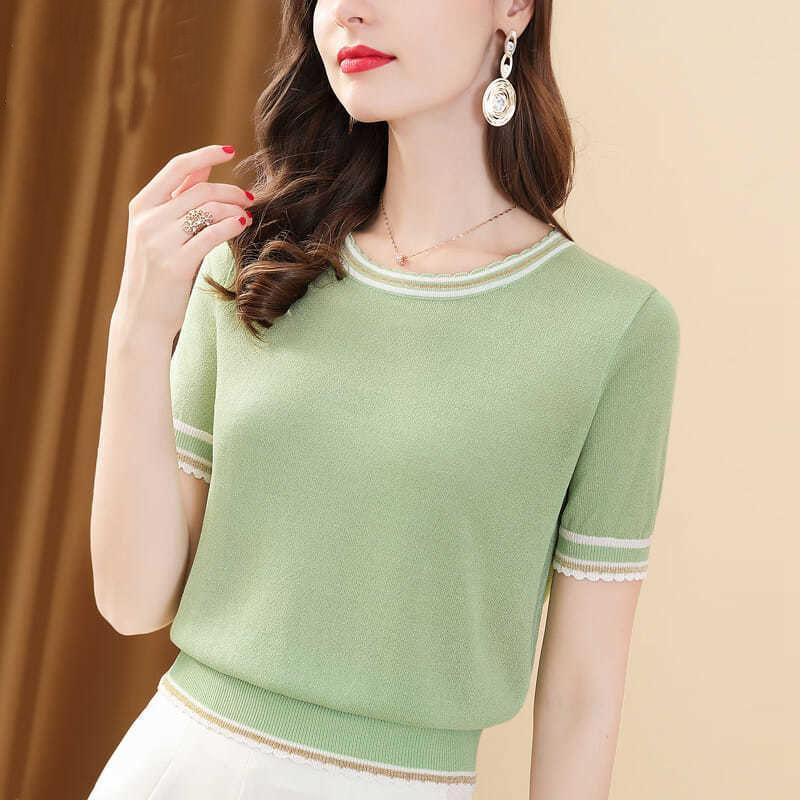 Summer Women's Ice Silk T-shirt Short Sleeve Loose and Versatile Round Neck Knitted Shirt Thin Top