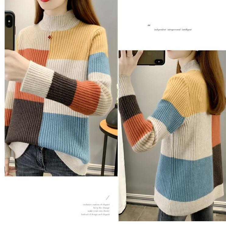 Fall Winter Women's Crew Neck Sweater Loose Contrast Knit Sweater Long Sleeve Pullover Knit Jumper Top